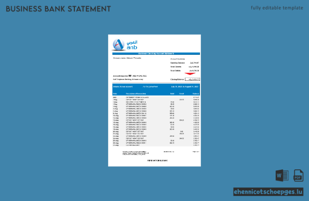 Beispiel eines Kontoauszugs des Firmengirokontos der Arab National Bank (Word- und PDF-Datei)